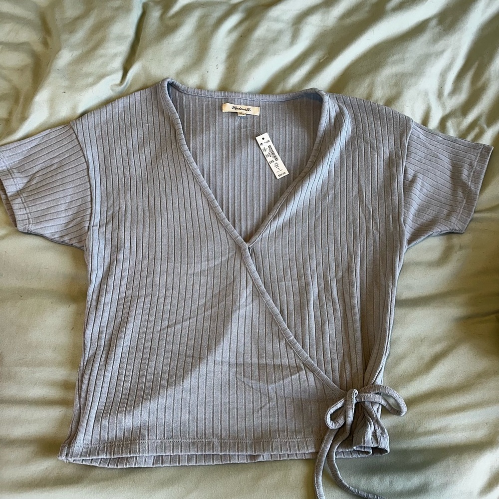Madewell Gray Ribbed Wrap Blouse
